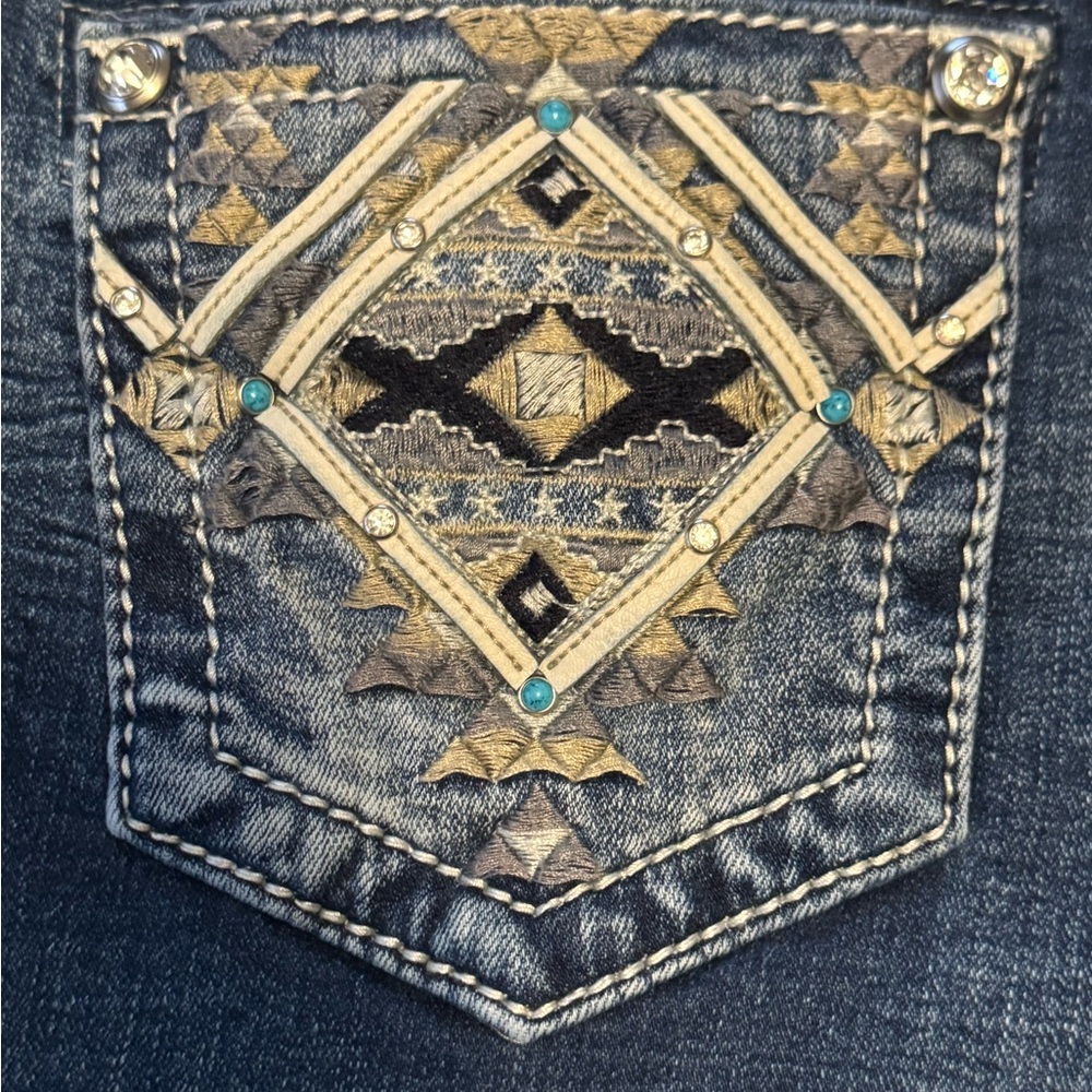 Miss Me Bootcut Jeans with Embroidered Denim Pocket with Geometric Design